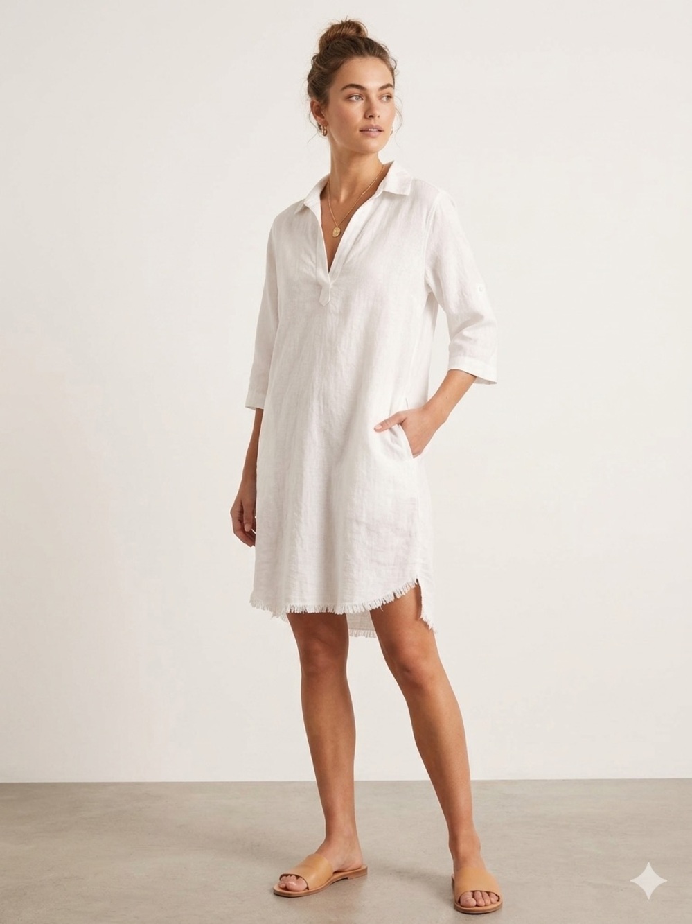 Cloth & Stone White Frayed Hem Tunic Shirt Dress M Coastal Boho